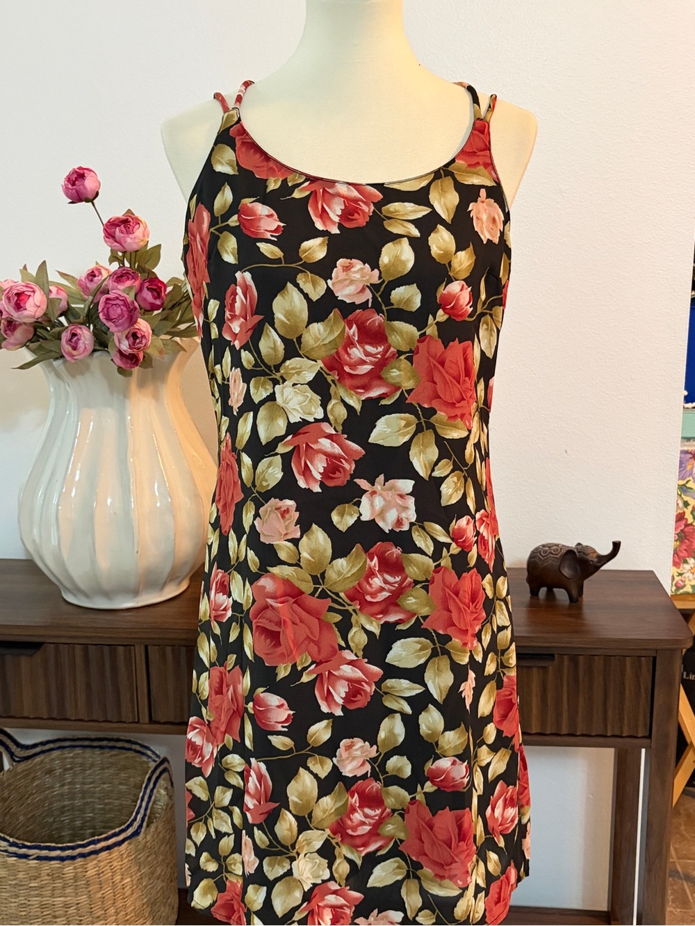 Floral Spaghetti-Strap Mini Dress - Black with Red Roses